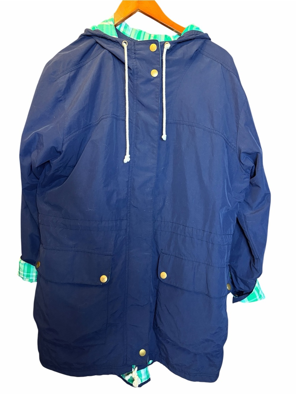 Navy Rain Coat Plaid Heritage Checks Gingham Cotton Lined Hood Pockets Columbia